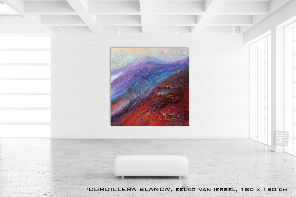 Cordillera Blanca masterpiece Eelko van Iersel schilderij blauw paars rood bordeaux medicijnwiel levenswiel windrichtingen systemisch organisatie spiritueel onderwaterwereld ocean oceaan zee lichtwerk kunstschilder groot formaat grote schilderijen abstract te koop expressief luxueus interieur modern art of living